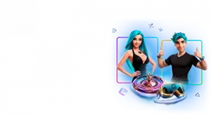 Изображение двух анимационных персонажей, мужчины и женщины, рекламирующих кэшбэк-бонус Легзо с элементами казино и яркими неоновыми цветами.