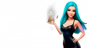 Изображение женского персонажа, держащего стопку монет, рекламирующего приветственный бонус в интернет-казино Легзо в игривом и привлекательном стиле.